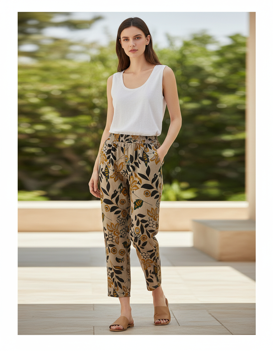 Pantalon En Lin Ample Imprimé Floral Bohème Femme