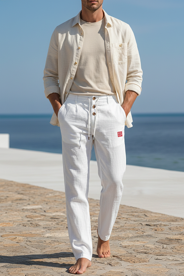 Pantalon En Lin Blanc Décontracté Boutons Confortable Respirant