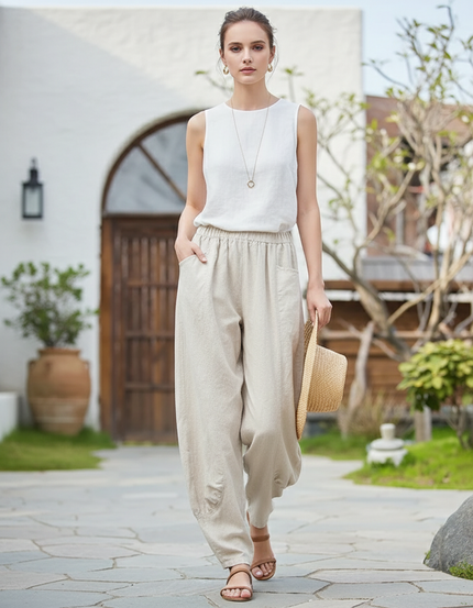 Pantalon En Lin Ample Beige Taille Haute Femme
