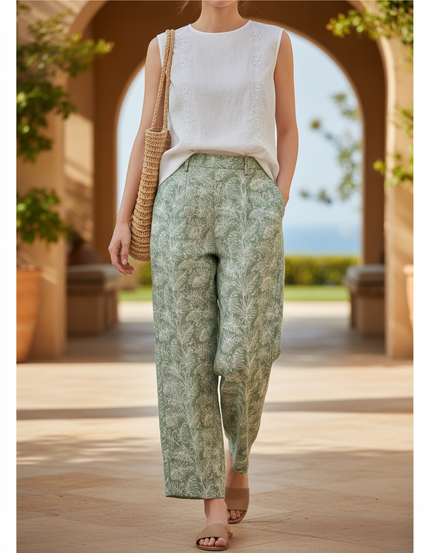 Pantalon En Lin Vert Ample Imprimé Tropical Fluide