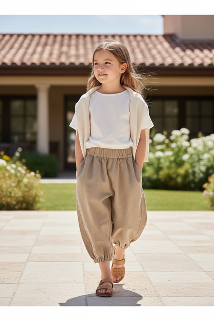 Pantalon En Lin Ample Beige Enfant Décontracté Fluide