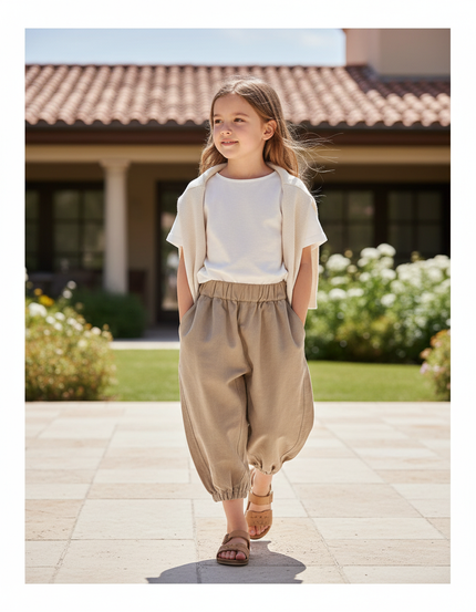 Pantalon En Lin Ample Beige Enfant Décontracté Fluide