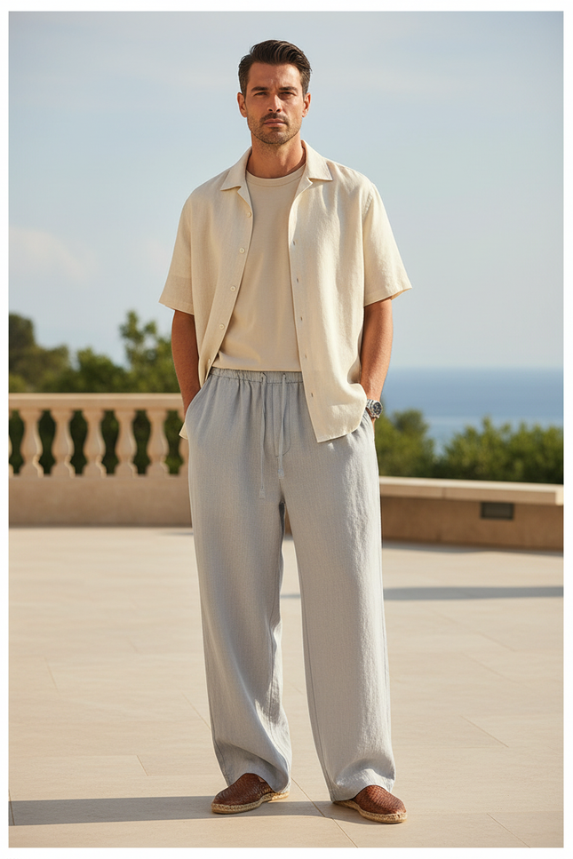 Pantalon En Lin Gris Clair Droit Cordon Décontracté Homme