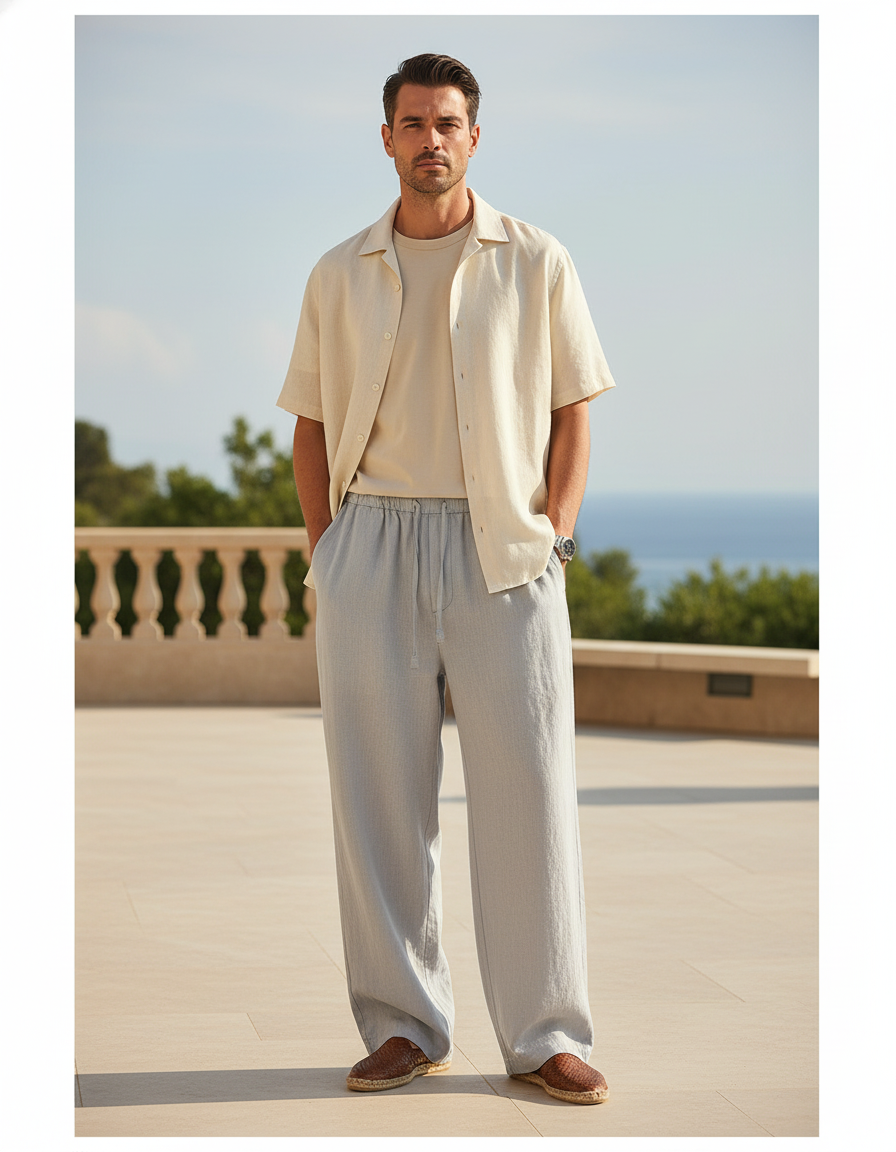 Pantalon En Lin Gris Clair Droit Cordon Décontracté Homme