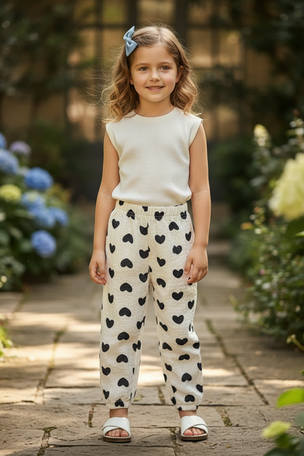 Pantalon En Lin Enfant Cœurs Noirs Ample Doux - Imprimé