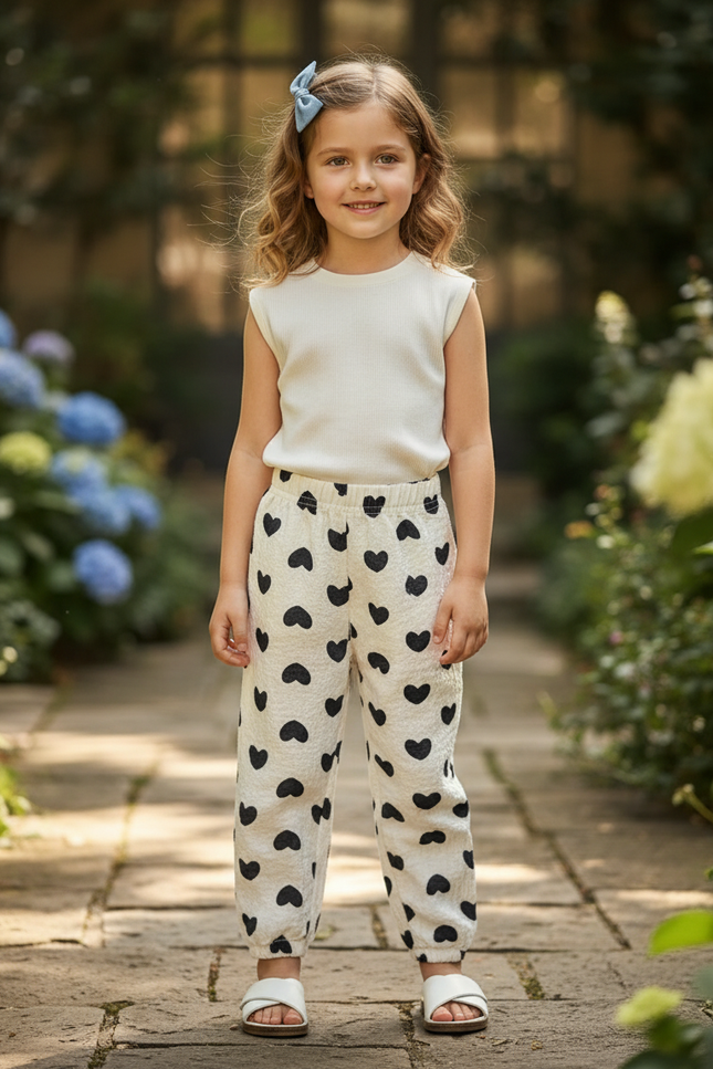 Pantalon En Lin Enfant Cœurs Noirs Ample Doux - Imprimé