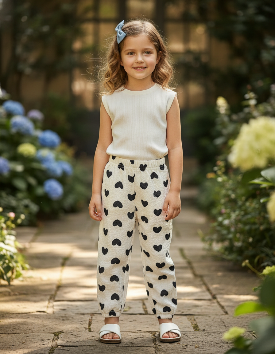 Pantalon En Lin Enfant Cœurs Noirs Ample Doux - Imprimé