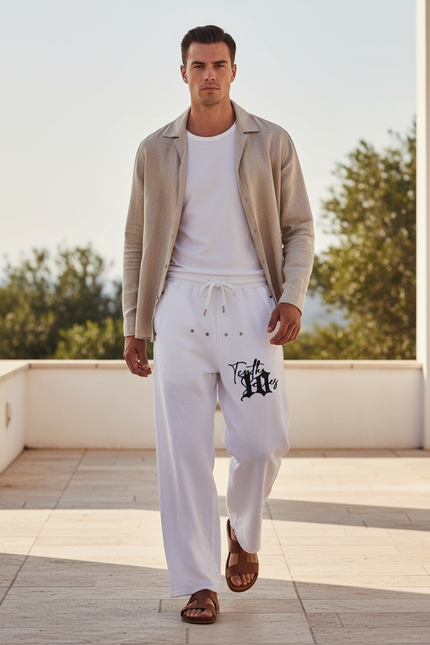 Pantalon En Lin Blanc Ample Cordon Homme Imprimé
