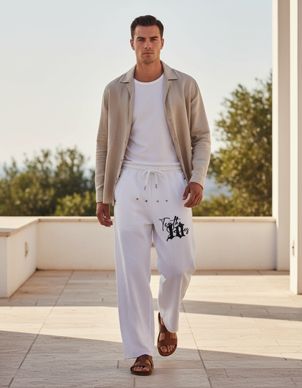Pantalon En Lin Blanc Ample Cordon Homme Imprimé