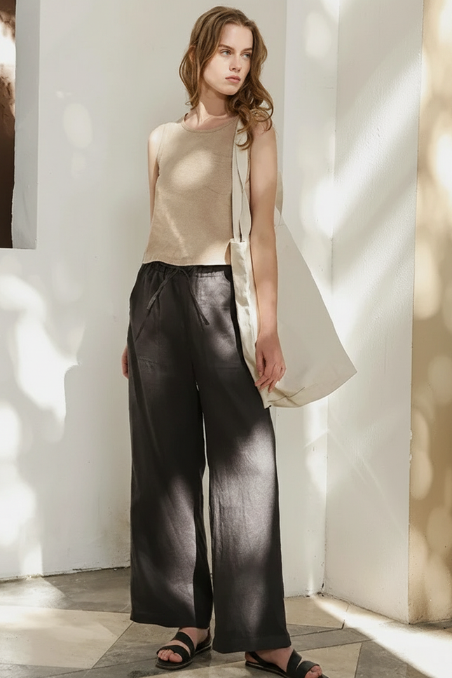 Pantalon En Lin Femme Anthracite Coupe Ample - Noir