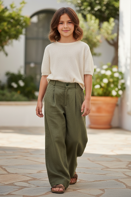 Pantalon En Lin Vert Ample Plissé Enfant Décontracté - Kaki