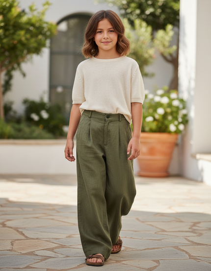 Pantalon En Lin Vert Ample Plissé Enfant Décontracté - Kaki