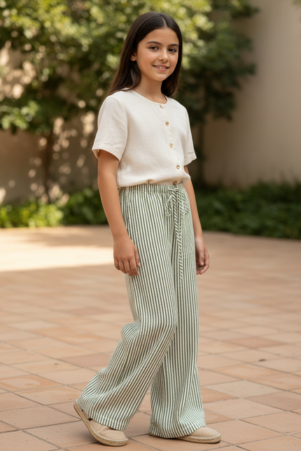 Pantalon En Lin Rayé Vert Ample Fluide Fille