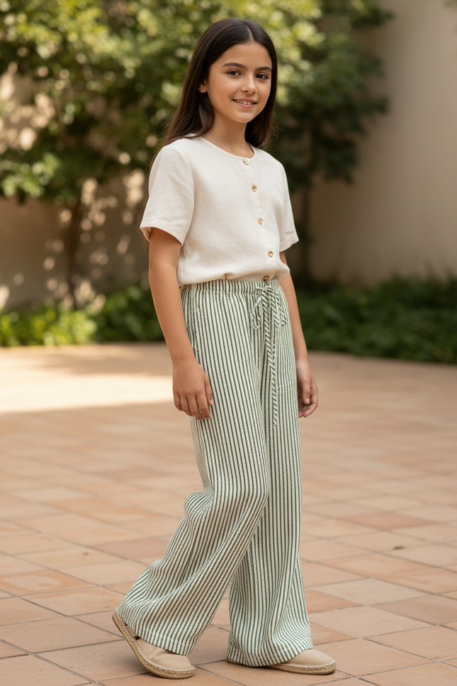 Pantalon En Lin Rayé Vert Ample Fluide Fille