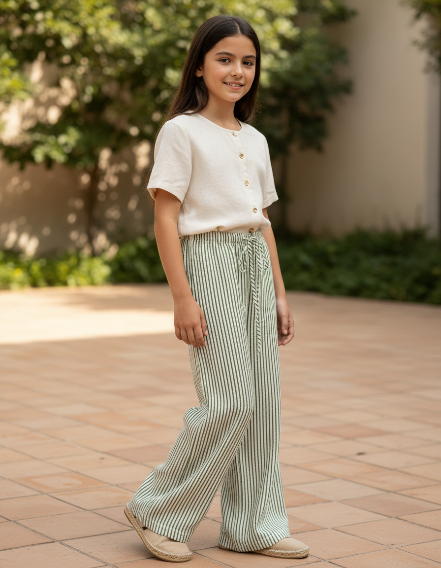 Pantalon En Lin Rayé Vert Ample Fluide Fille