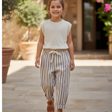 Pantalon En Lin Rayé Ample Décontracté Enfant Coton - Multicolore