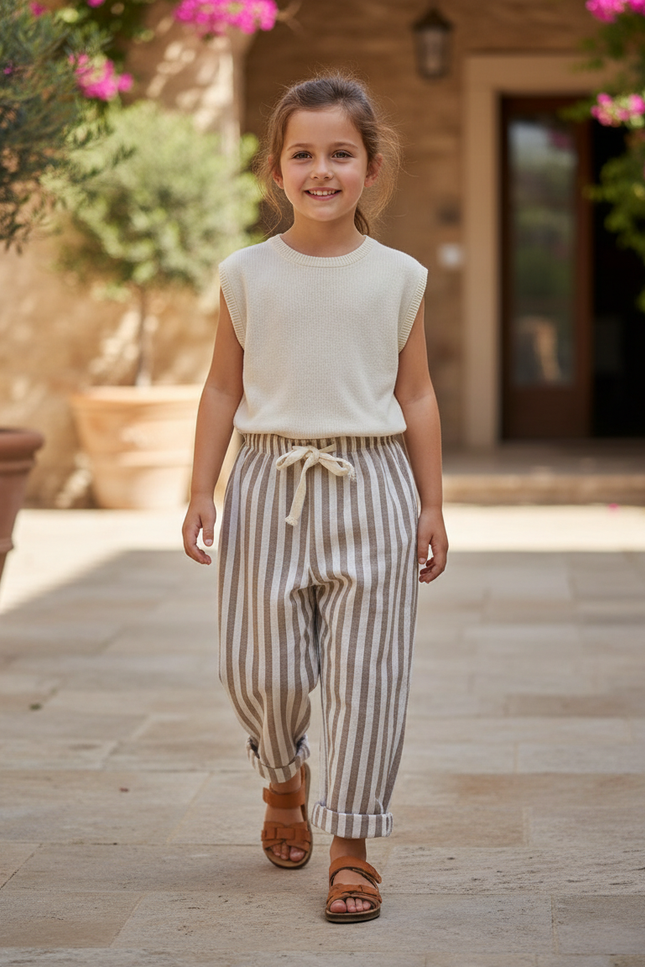 Pantalon En Lin Rayé Ample Décontracté Enfant Coton - Multicolore