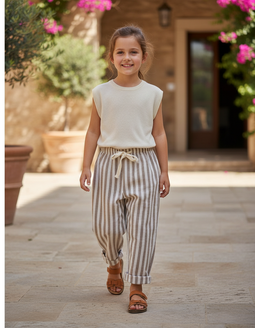 Pantalon En Lin Rayé Ample Décontracté Enfant Coton - Multicolore