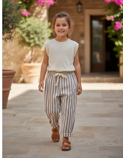 Pantalon En Lin Rayé Ample Décontracté Enfant Coton - Multicolore