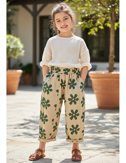 Pantalon En Lin Beige Fleuri Ample Décontracté Enfant