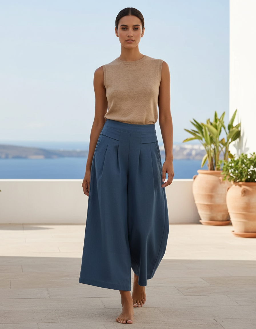 Pantalon En Lin Bleu Ample Plissé Élégant Femme