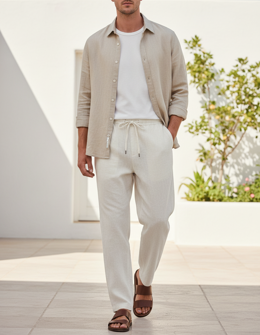 Pantalon En Lin Taille Elastique - Beige
