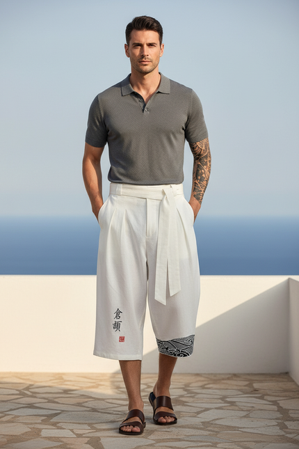 Pantalon En Lin Blanc Japonais Ample Court Décontracté Homme