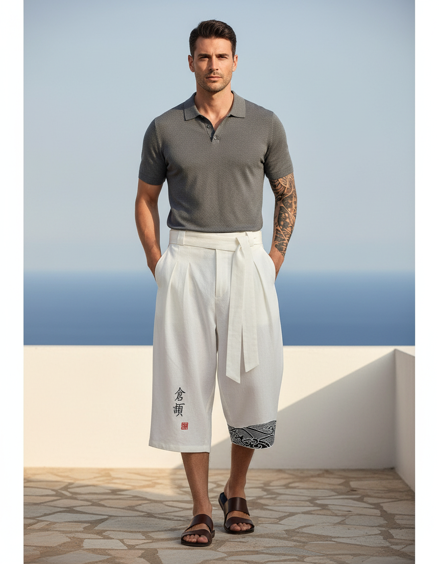 Pantalon En Lin Blanc Japonais Ample Court Décontracté Homme