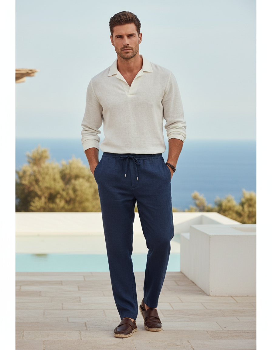 Pantalon En Lin Bleu Marine Ample Cordon Décontracté
