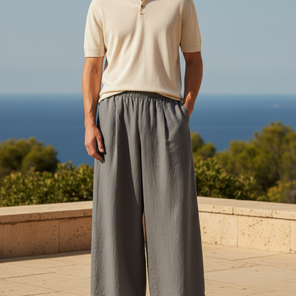 Pantalon En Lin Gris Large Décontracté Homme Cordon