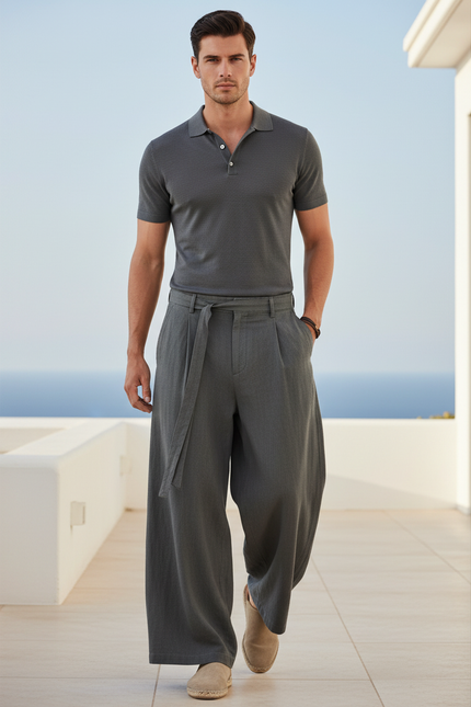 Pantalon En Lin Ample Gris Ceinture Décontracté Homme