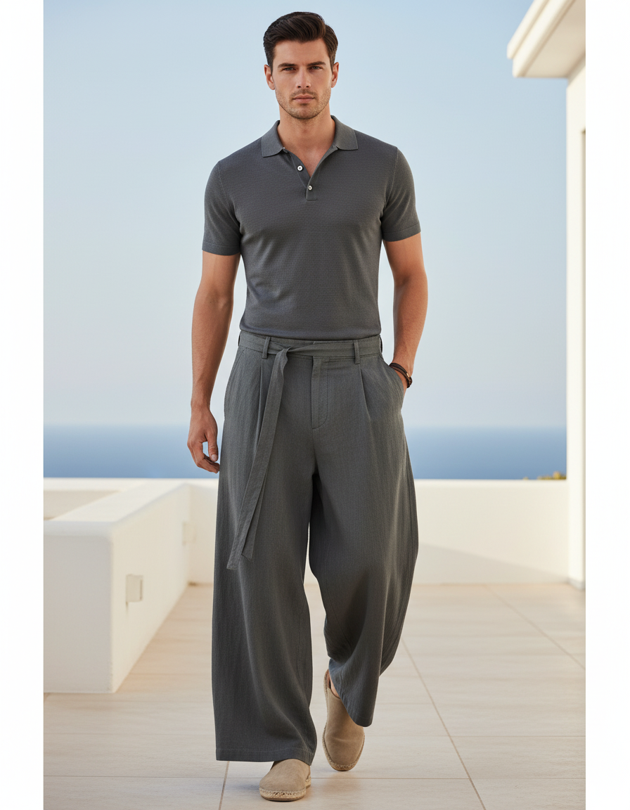 Pantalon En Lin Ample Gris Ceinture Décontracté Homme
