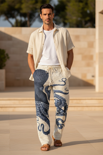 Pantalon En Lin Imprimé Poulpe Ample Décontracté Homme