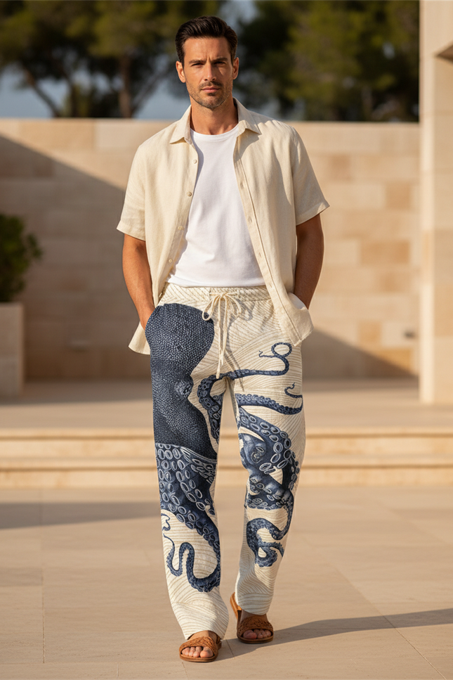 Pantalon En Lin Imprimé Poulpe Ample Décontracté Homme