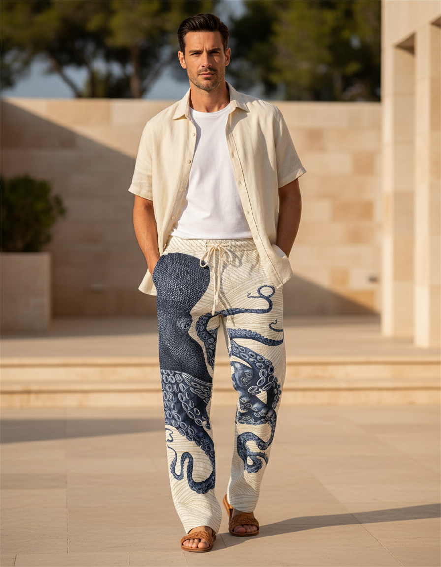 Pantalon En Lin Imprimé Poulpe Ample Décontracté Homme