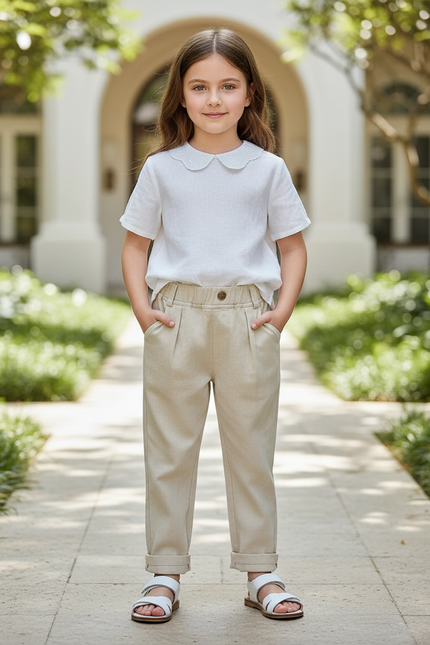 Pantalon En Lin Beige Ample Décontracté Enfant Léger