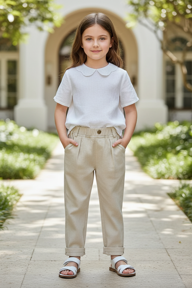 Pantalon En Lin Beige Ample Décontracté Enfant Léger