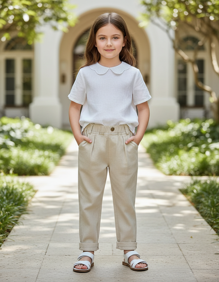 Pantalon En Lin Beige Ample Décontracté Enfant Léger