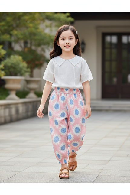 Pantalon En Lin Rose Imprimé Fleurs Élastique Fille