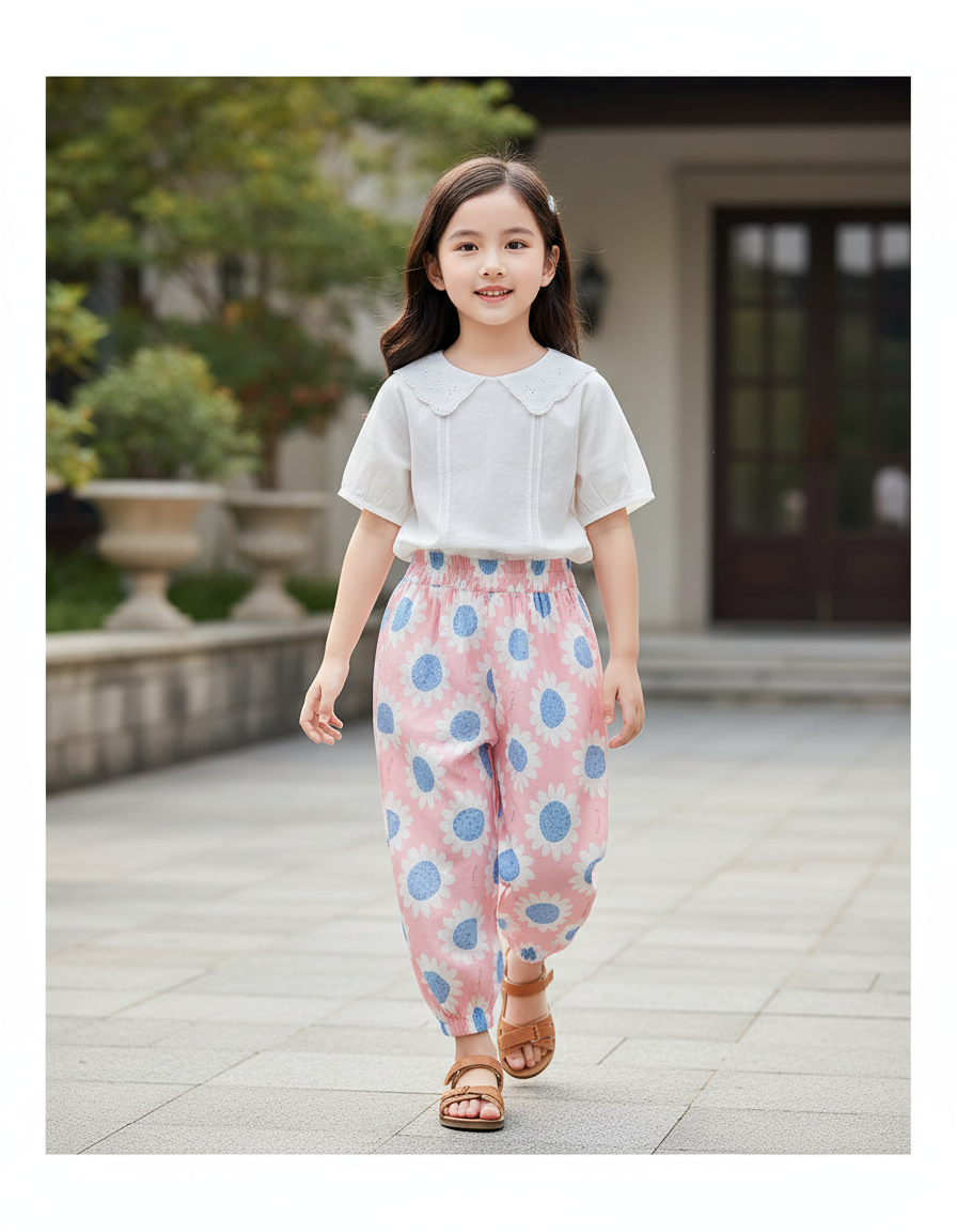 Pantalon En Lin Rose Imprimé Fleurs Élastique Fille