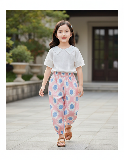 Pantalon En Lin Rose Imprimé Fleurs Élastique Fille