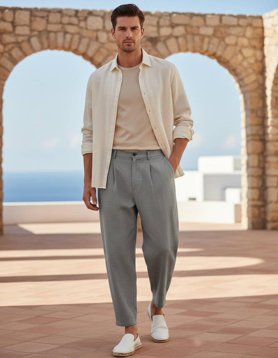 Pantalon En Lin Homme Gris Plissé Décontracté Léger