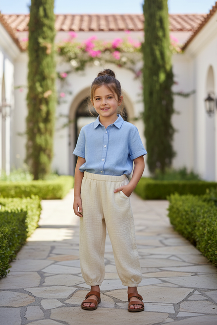 Pantalon En Lin Écru Ample Coton Enfant - Beige