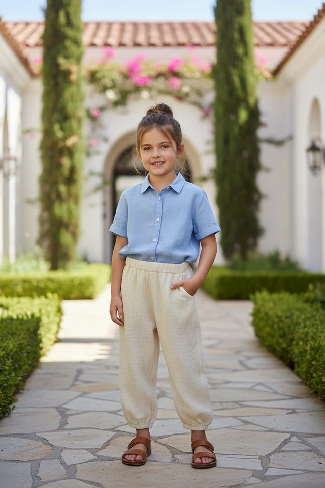 Pantalon En Lin Écru Ample Coton Enfant - Beige