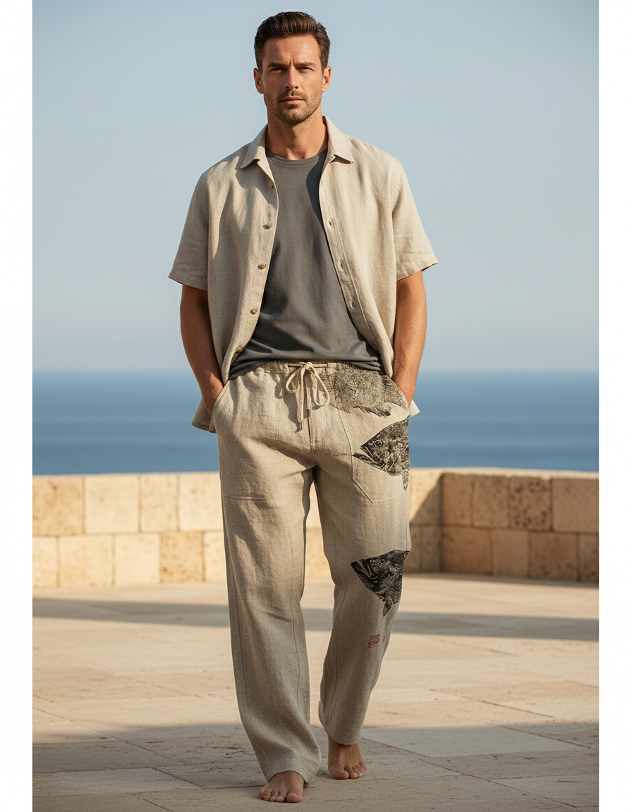 Pantalon En Lin Beige Imprimé Poissons Ample Décontracté