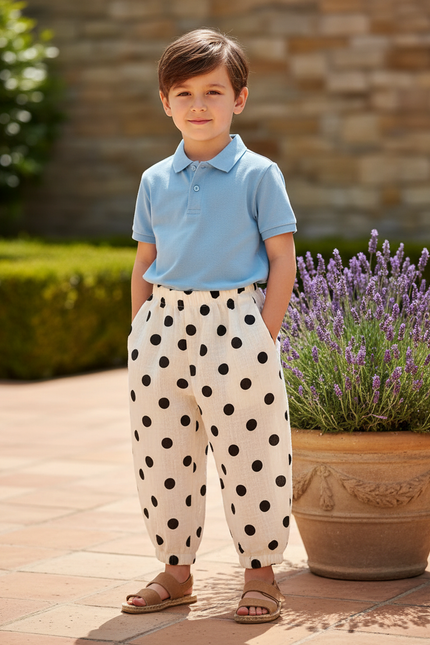 Pantalon En Lin Écru Pois Noirs Ample Enfant - Imprimé