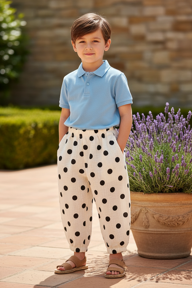 Pantalon En Lin Écru Pois Noirs Ample Enfant - Imprimé