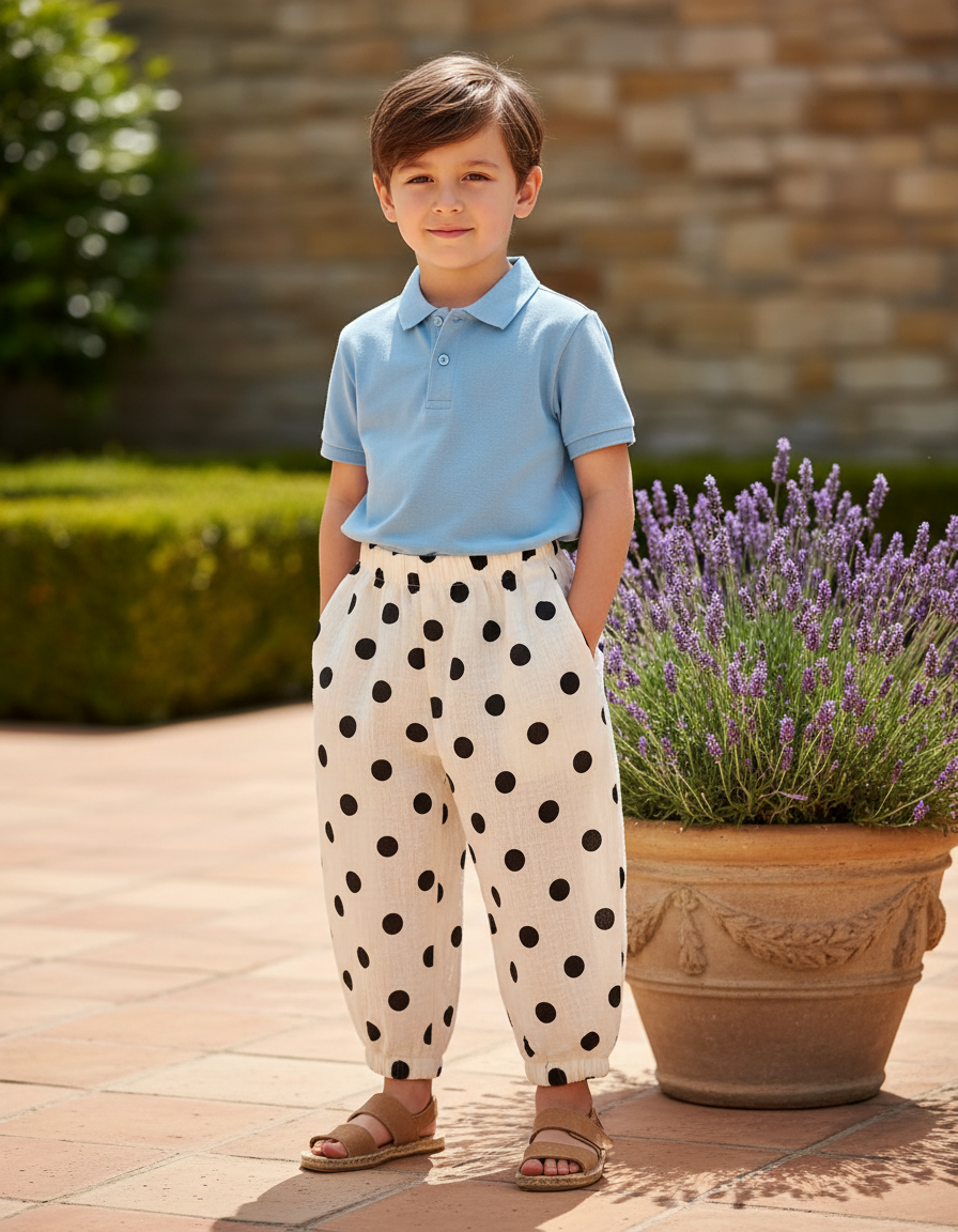 Pantalon En Lin Écru Pois Noirs Ample Enfant - Imprimé