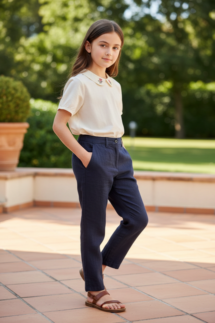 Pantalon En Lin Droit Marine Enfant Léger