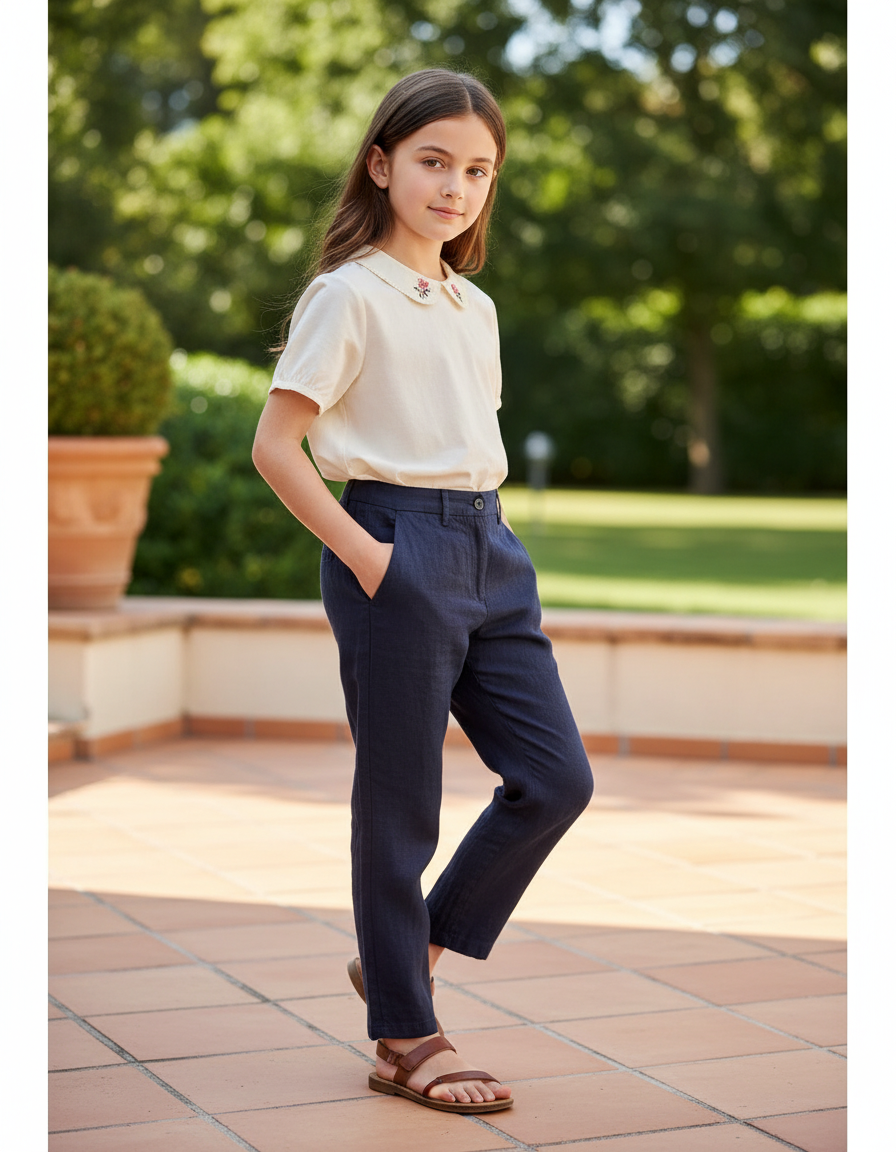 Pantalon En Lin Droit Marine Enfant Léger